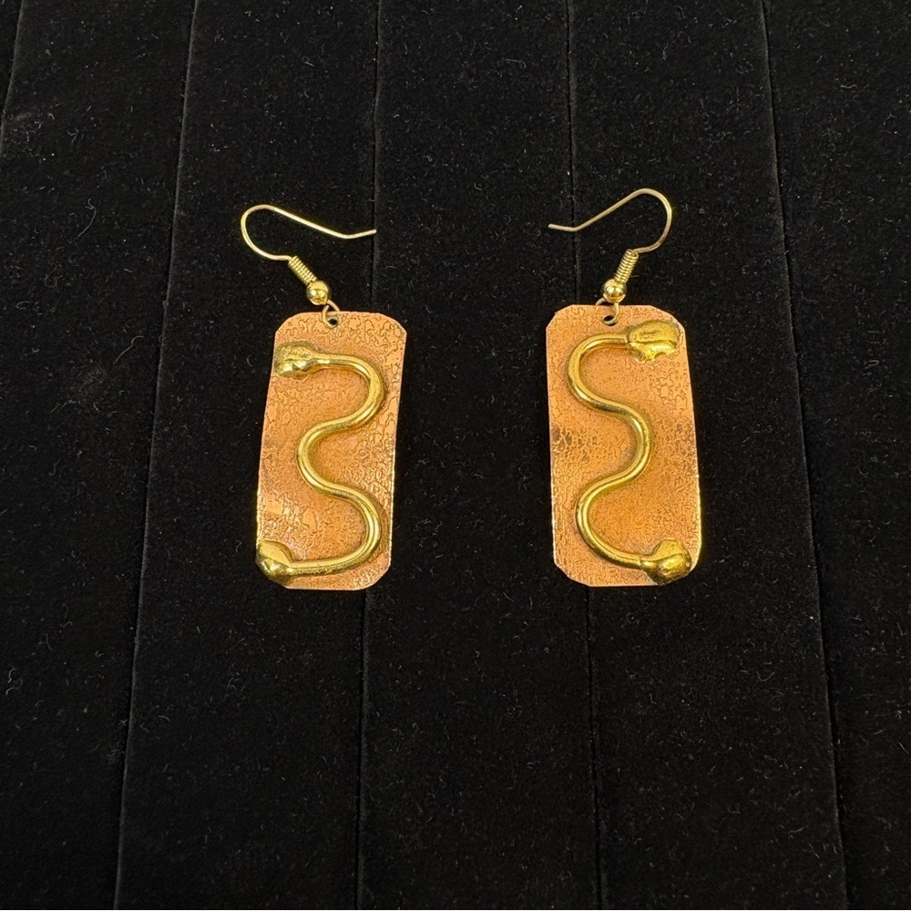 Handmade Copper & Brass Snake Dangle Drop Earrings Hippie Bohemian Jewelry